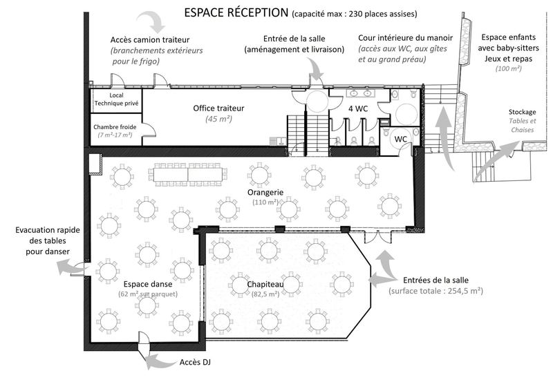 Plan de l'espace de réception : salle, office traiteur, préau et espace enfants